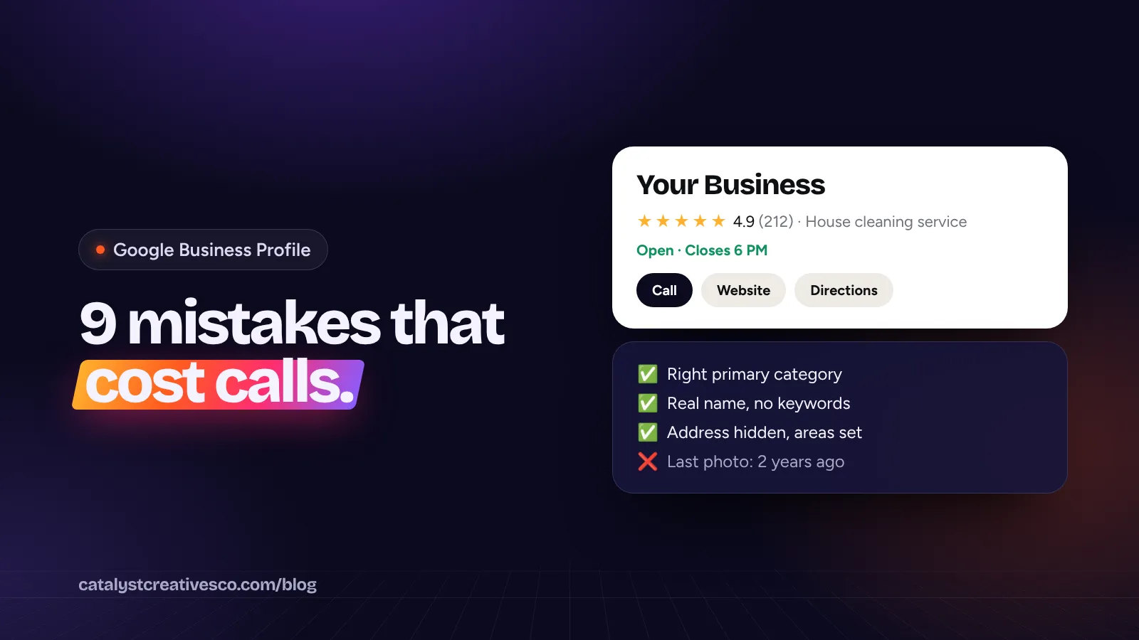 A Google Business Profile card with a checklist of profile fixes